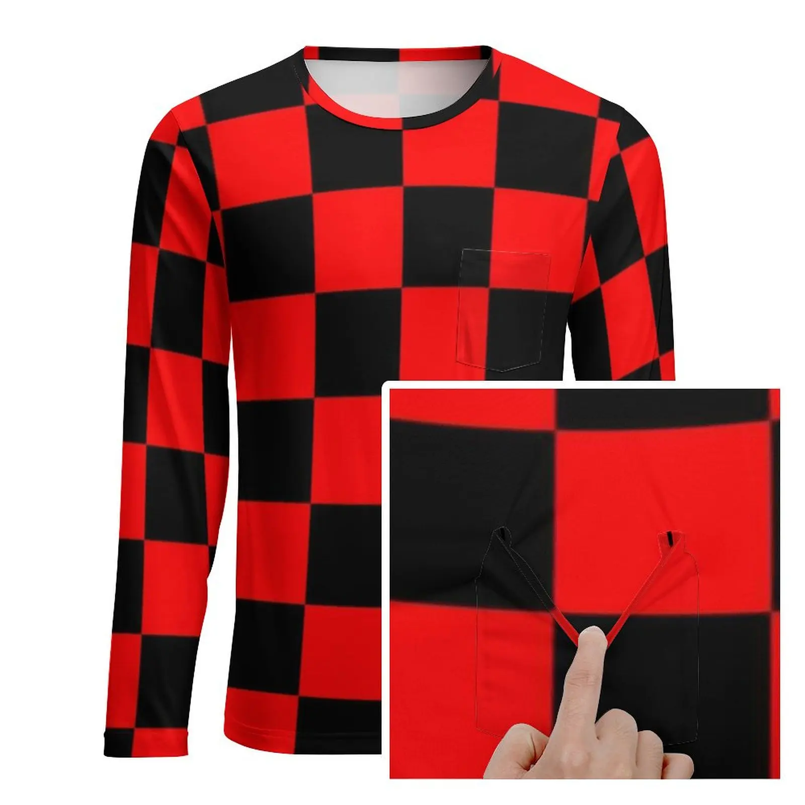 Black And Red Two Tone T Shirt With Pocket Checkboard Trendy T-Shirts Men Basic Tee Shirt Long Sleeve Custom Clothes Large Size