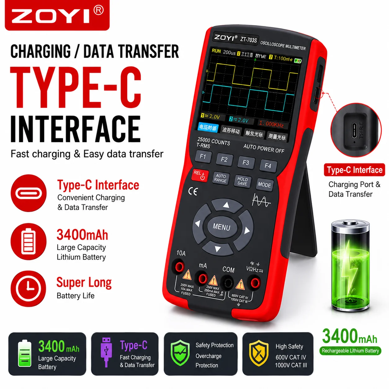 ZOYI ZT-703S 3-in-1 High Precision Electrician Smart Tester Dual Channel Digital Oscilloscope Signal Generator Multimeter