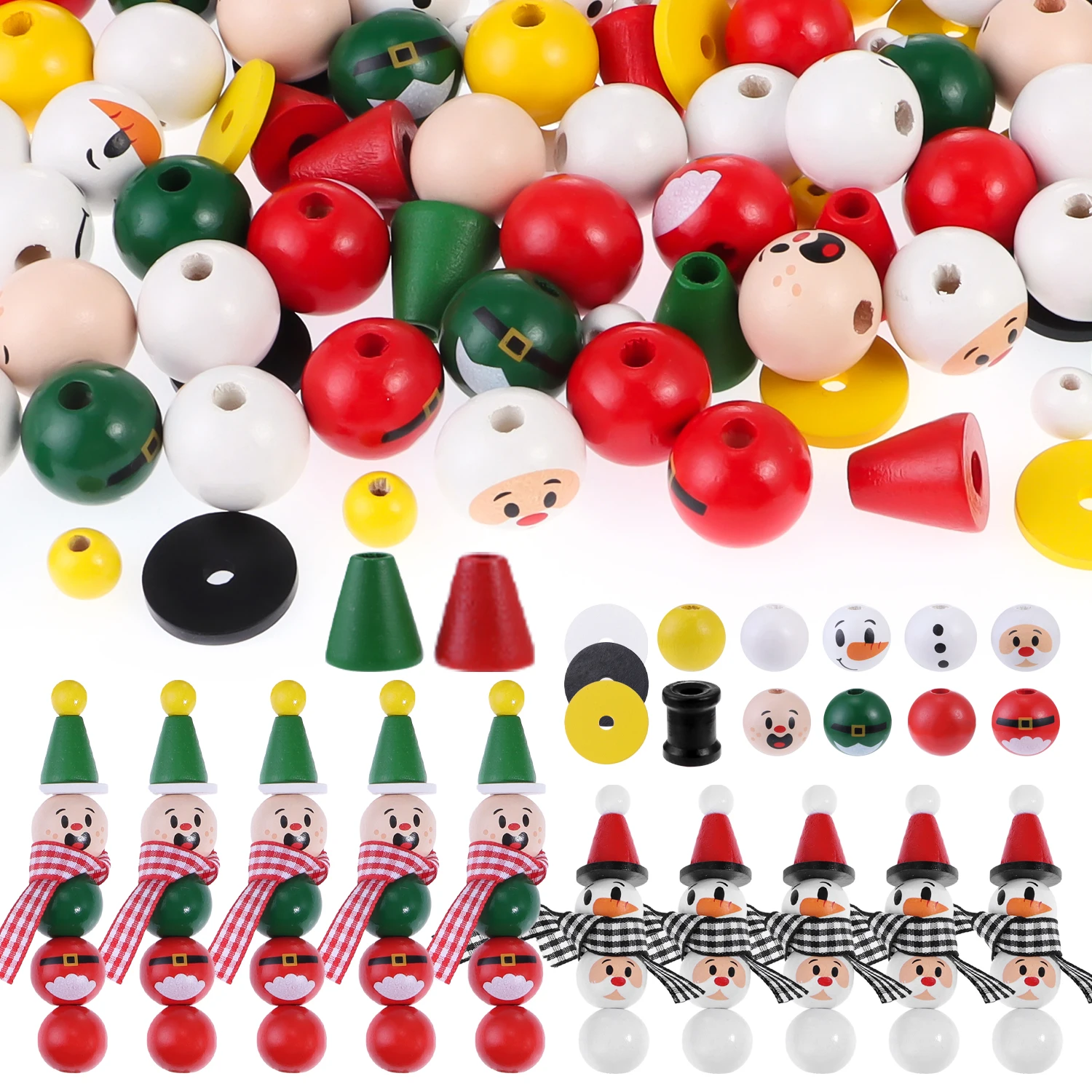 170pcs Xmas DIY Craft Kit With 20mm &10mm Snowman Old Man Beads, 20mm Washers, 1cm Ribbons, 17x16mm&15x12mm Wood Cones, Hemp Rop