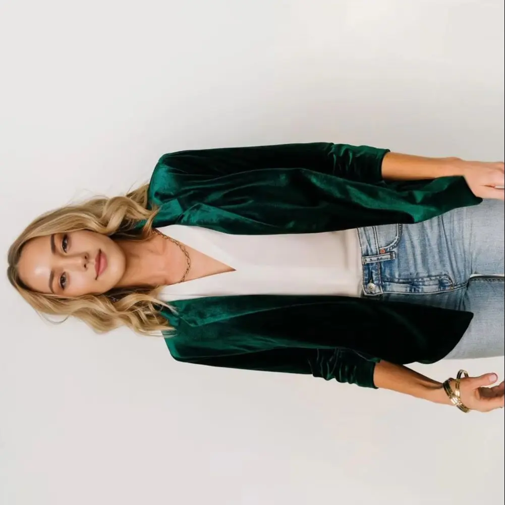 

Women Coat Soft Comfortable Coat Elegant Women's Velvet Blazer with Ruched 3/4 Sleeve Lapel Stylish Open for Office for Ladies