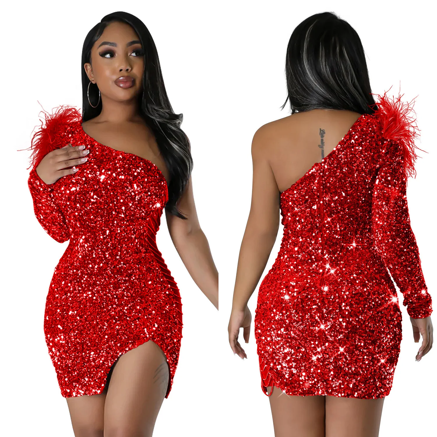 Sexy One Shoulder Feather Sequin Short Prom Slit Dress Party Evening Gowns Elegant Luxury Celebrity Night Club Bodycon Dresses