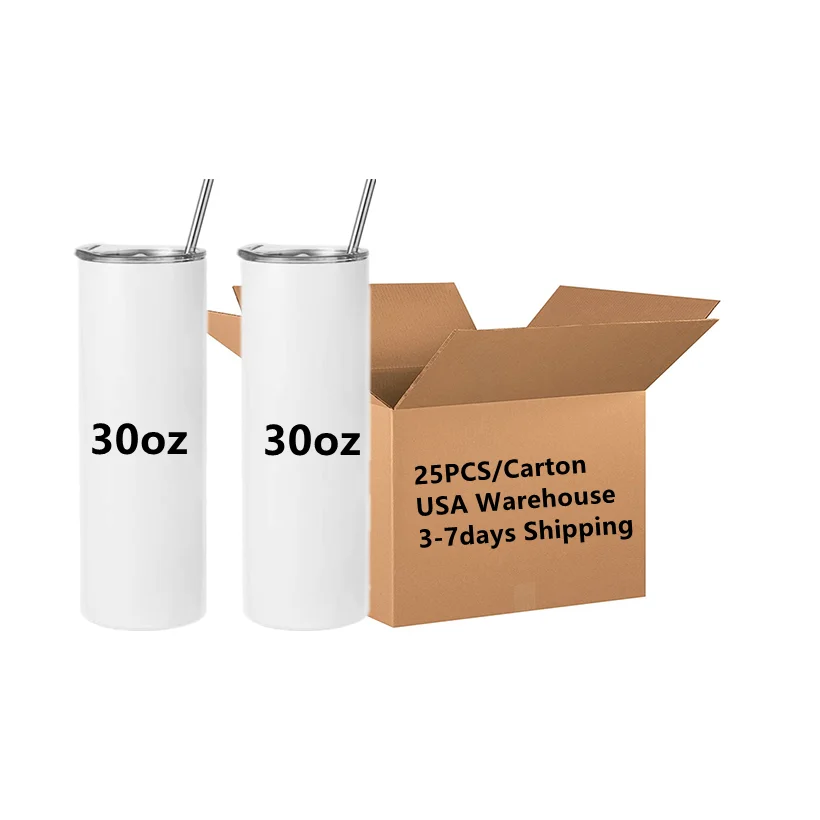 USA warehouse 15/20/30oz 25Pack Bulk Wholesale Insulated White Blank Skinny Straight Sublimation Tumbler With Straw