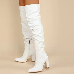 Autumn Winter New Fashion Over-The-Knee Women Boots Genuine Leather Pleated Sexy Thigh High Tall Heel Shoes Size 42