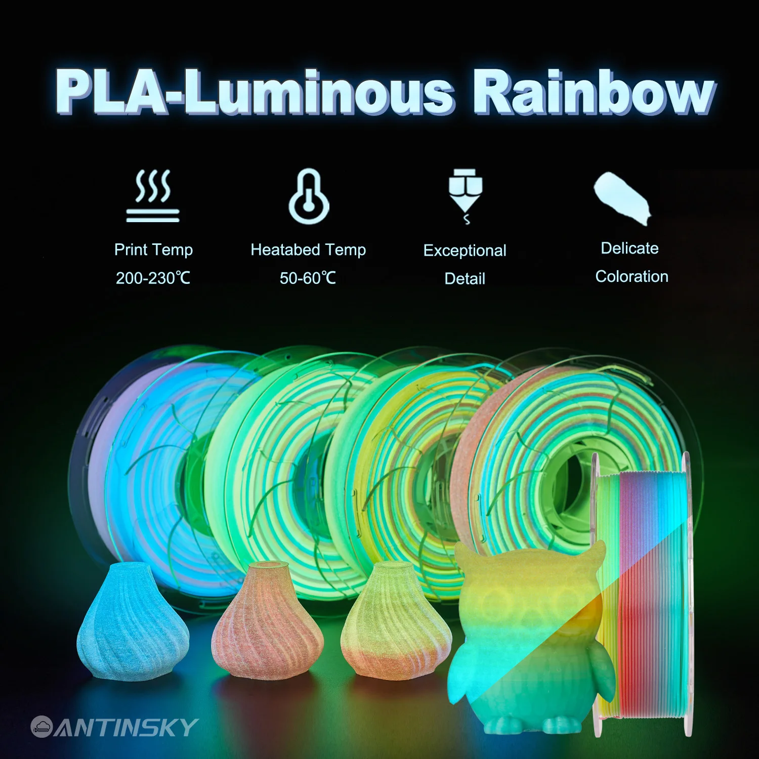

Antinsky PLA-Luminous Rainbow 1,75 мм 3D-нить 1 кг для 3D-принтера имеет красочный градиент и хорошую текстура поверхности.