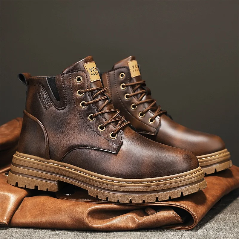 

Hot Sale Fashion Brown Boots for Men Comfort Platform Men's Work Boots Lace-up Leather Ankle Boots Casual Men Botas Masculino