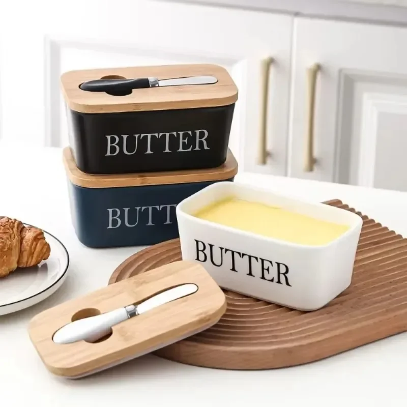 

Ceramic Butter Cheese Container Box Restaurant Home Butter Storage Boxes with Knife Bamboo Lid and Butters Slicer
