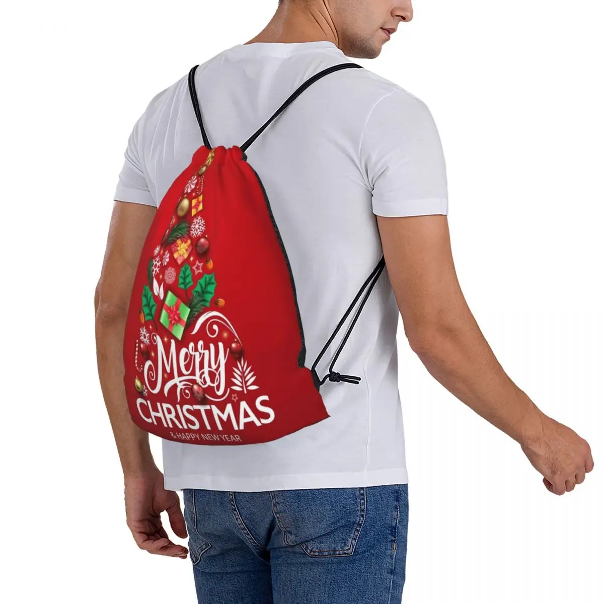 Vrolijk Kerstfeest Santa Claus 2064 Trekkoord Tas Rugzak Schooltas Trendy Schoentas Kids Trekkoord Tas