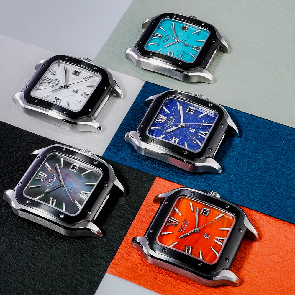 ENITON New 40mm Luxury Square Screws Men Watch Miyota 9015 316L Sapphire Stone Dial Date Quick Release Strap Reloj S1085G