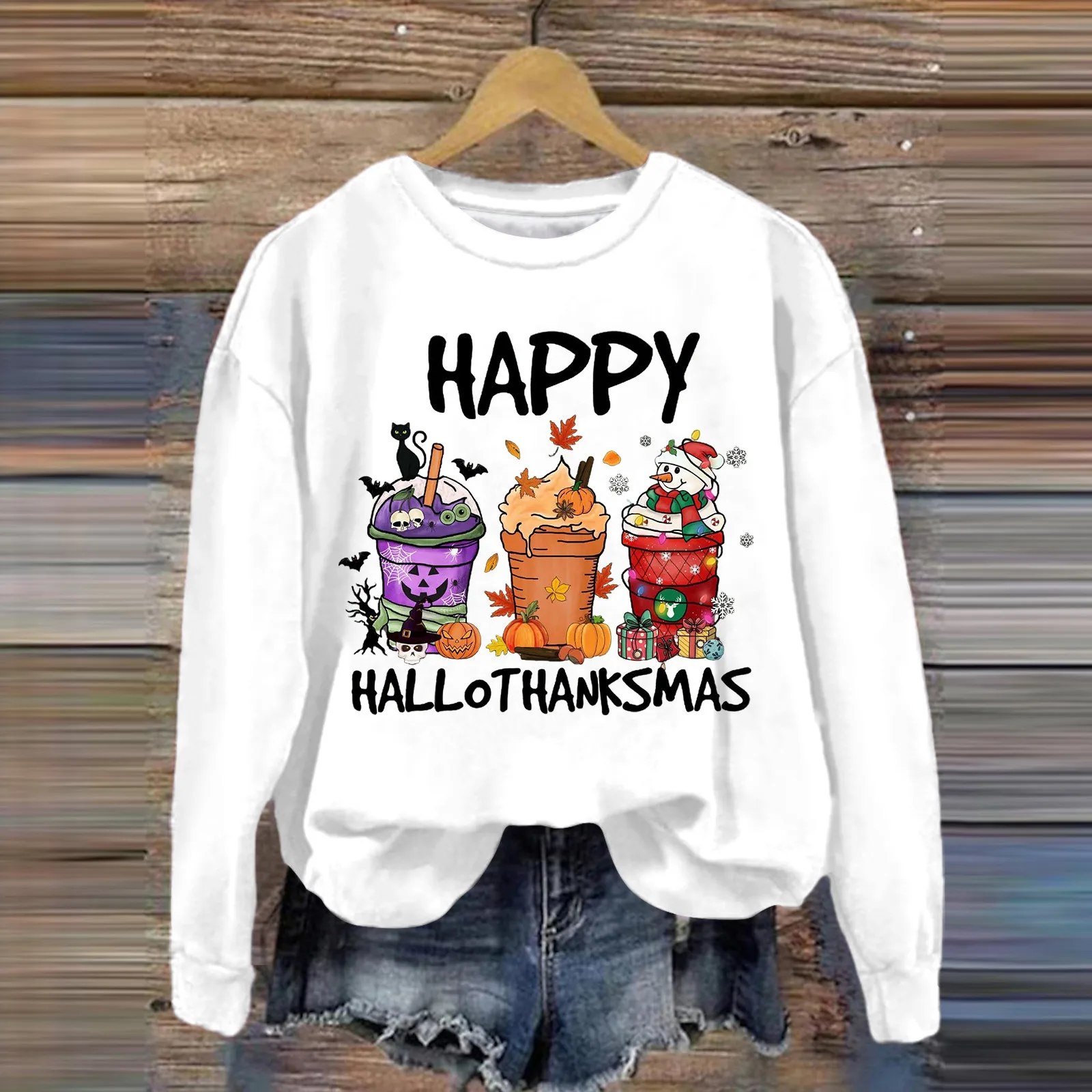 2024 Nowa damska bluza z kapturem na Halloween Jesień Zima Okrągły dekolt Długi rękaw Ciepła bluza z kapturem Świąteczna charakterystyka Trend Pullover