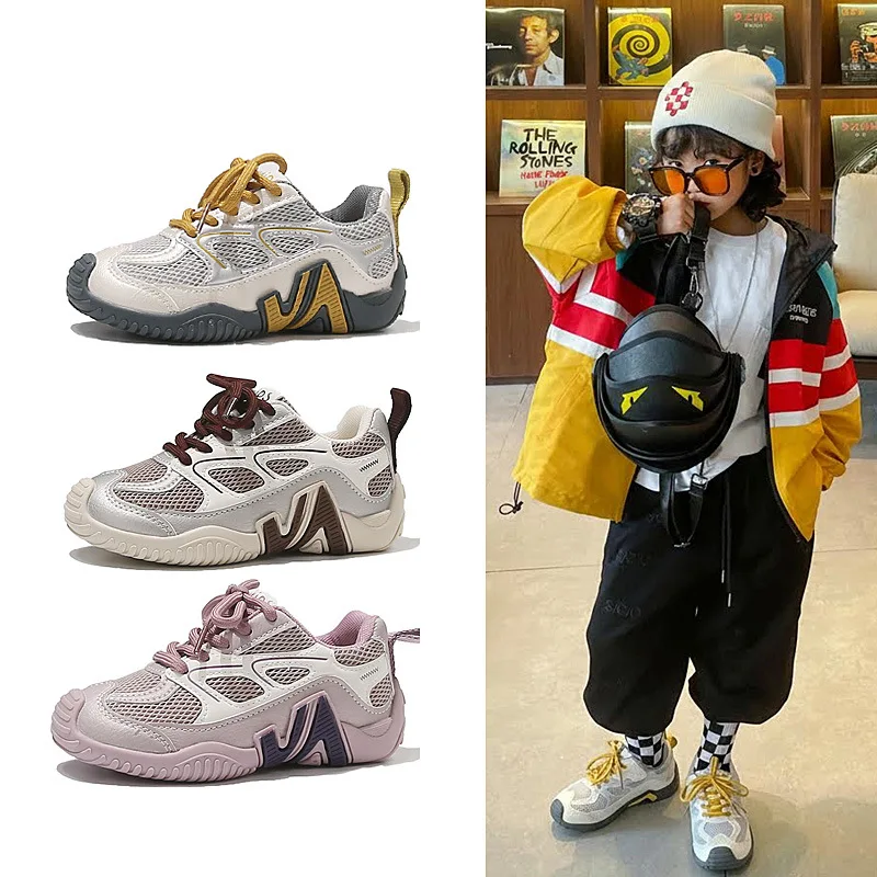 kids mesh patchwork lace up Sneakers boy girls Daily casual sport shoes 2026 Breathable comfortable footwear 26-36