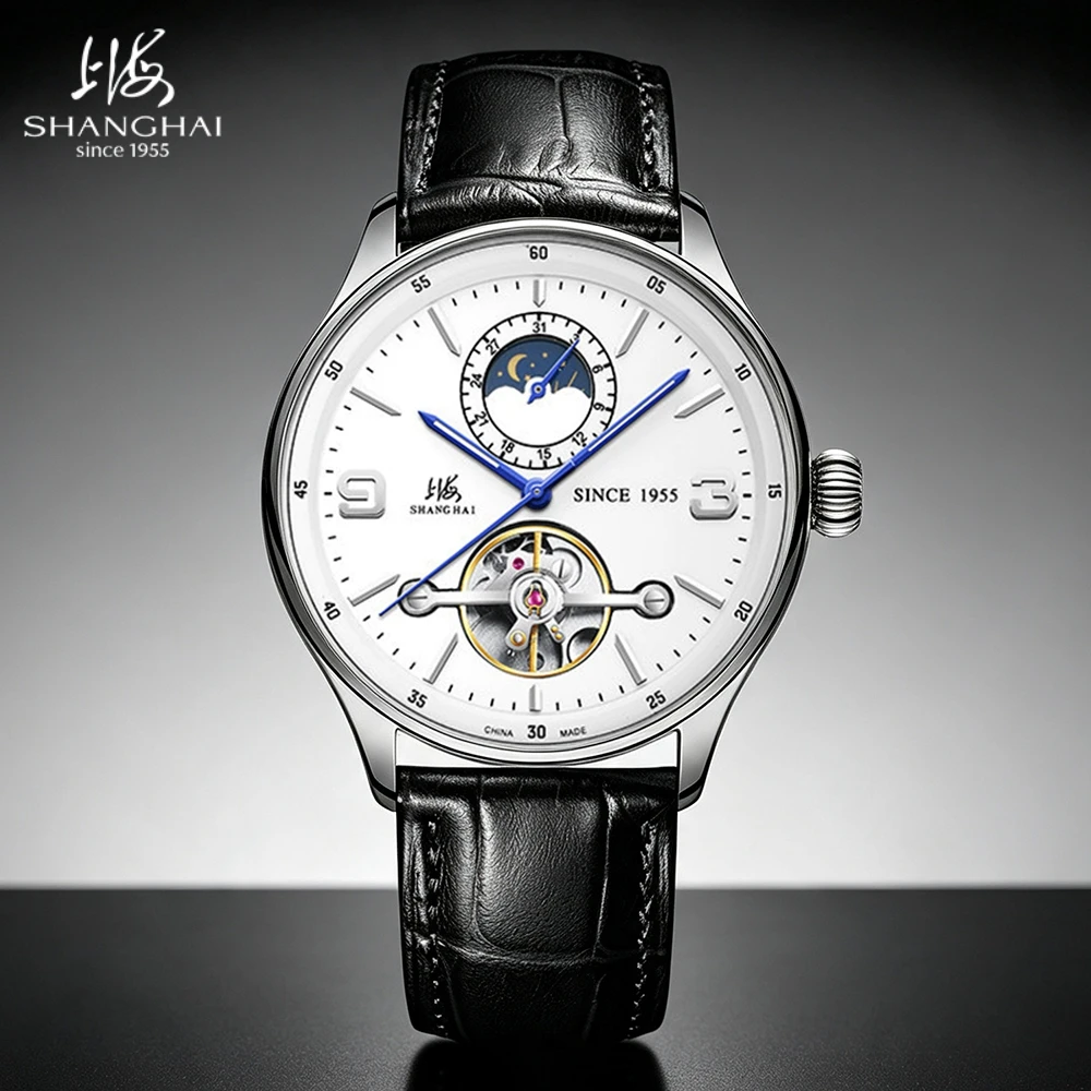 Shanghai Elegant Men's Watches Flywheel Automatic Watch ST2571 Movement Date Mechanical Wristwatch 41.5mm 5Bar Waterproof Sapphire Day Night Display Timepiece 316L Stainless Steel Butterfly Buckle On Sale S8950
