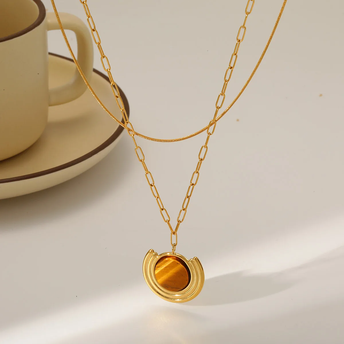 

Women's Vintage Natural Stone Pendant Necklace with 18K Gold Plated Double-layer Chain Stainless Steel Necklaces Fashion Jewelry