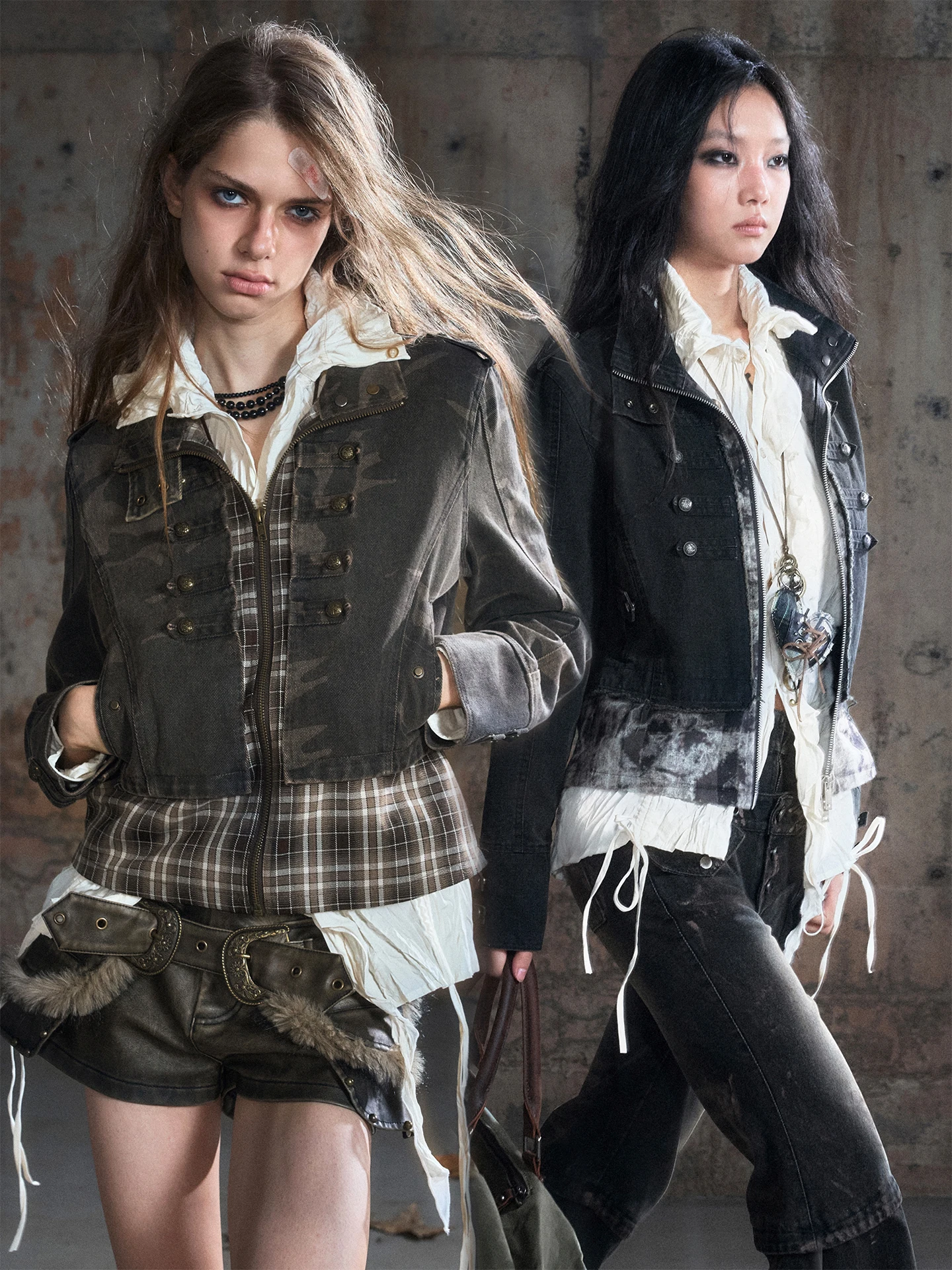 

CestNous Stand Collar Subculture Spring Autumn Jacket Double Breasted Washed Vintage Patchwork Camouflage Short Women's Coat