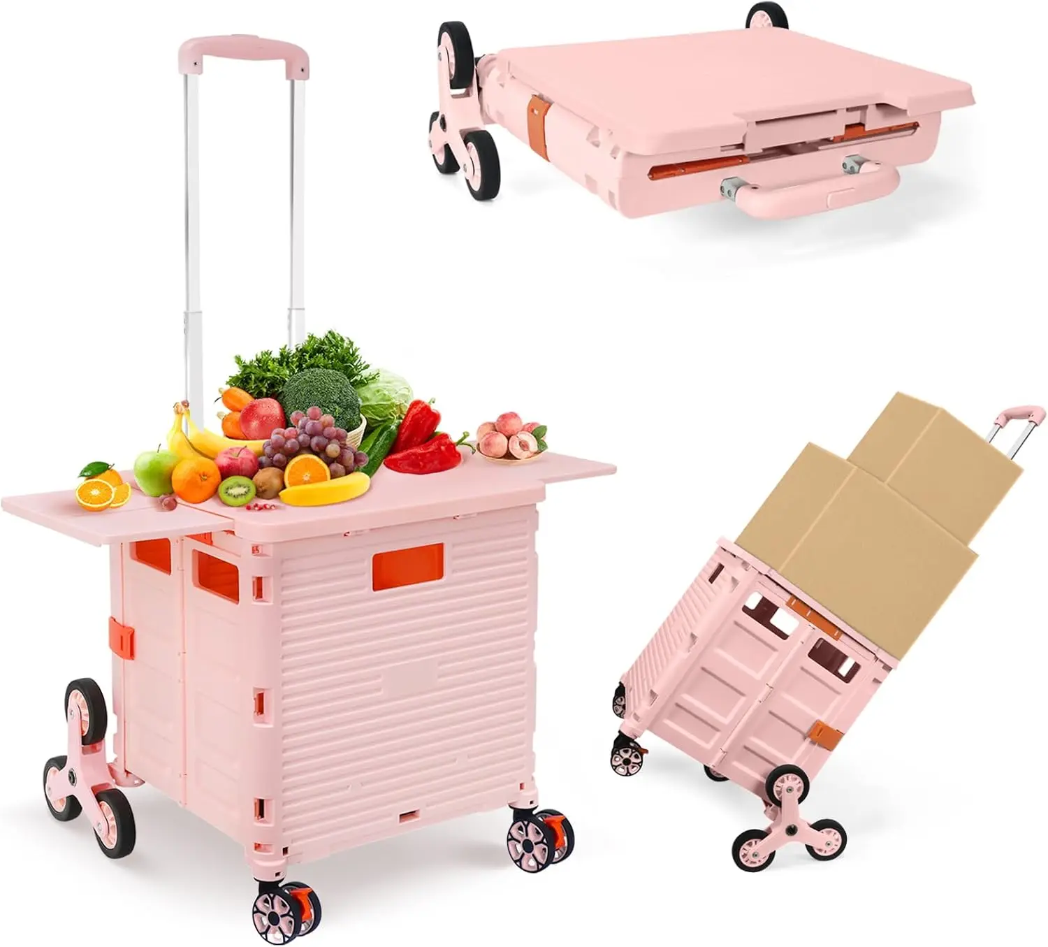 

Pink Foldable Utility Cart with Stair Climbing Wheels, Collapsible Rolling Crate, Telescoping Handle for Shopping Moving