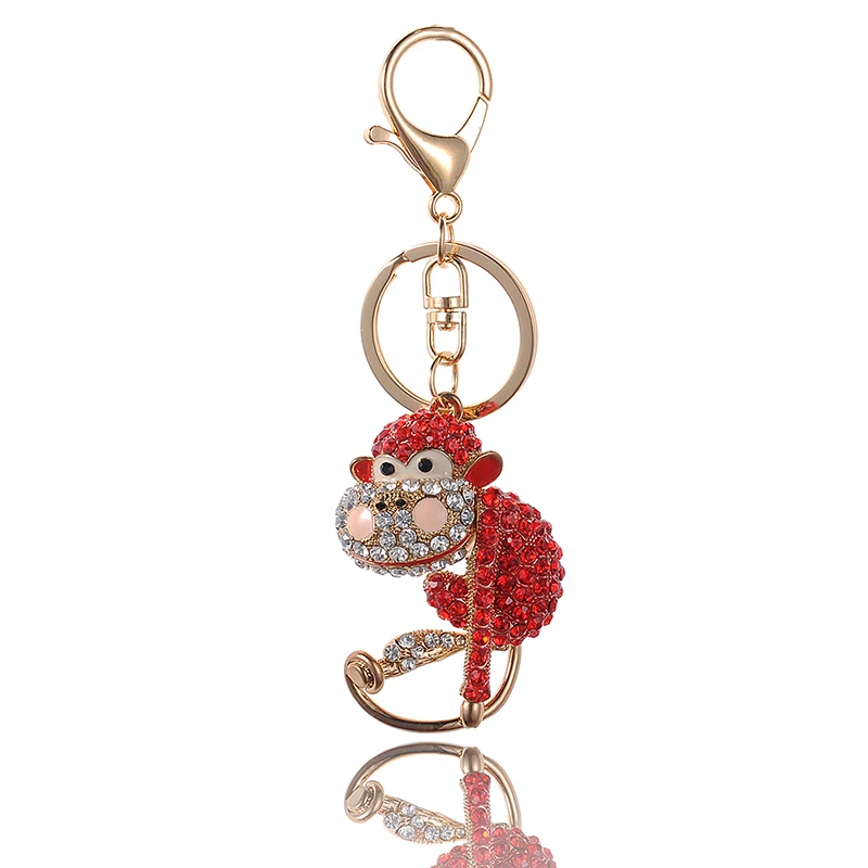 High Quality Drip Alloy Keychain Chaveiro drop oil Glaze naughty monkey rhinestone crystal beads KeyChain stainless Key Ring