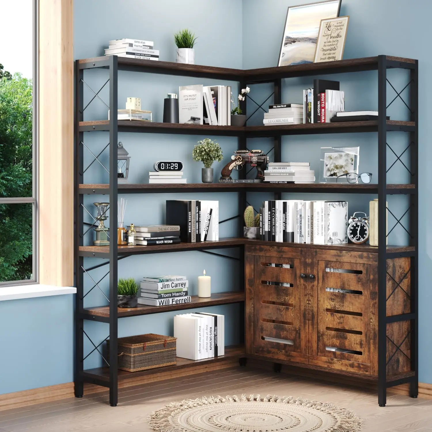 6-Shelf Corner Bookshelf, Corner Bookshelf Etagere Bookcase, Large Book Shelf with Metal Frame Open Storage Corner Cabinet