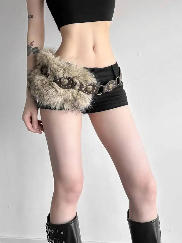 2026 Faux Fur Leather Belt Women's Versatile Belted Midi Skirt Y2K Fuzzy Retro Subculture Nomadic Style Rivet Detail Skirt Belt