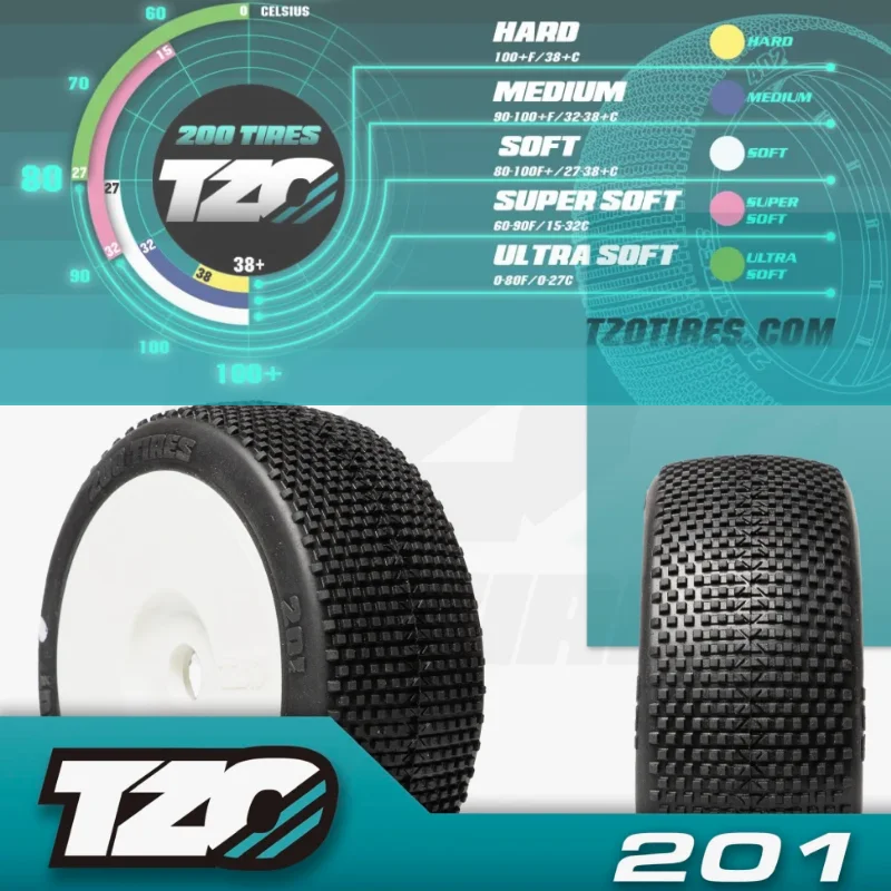 TZO – pneus TZ201 1/8 RC Buggy Ultra Super doux collés, 4 pièces, petite broche carrée, adaptés à une piste légèrement poussiéreuse pour AE KYOSHO Mugen