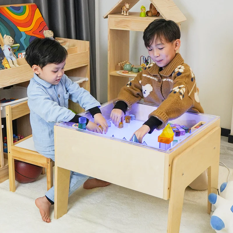 XIHATOY Children's Montessori Solid Wood Multifunctional Lightbox Table LED Visual Color Game Puzzle Early Education Block Table