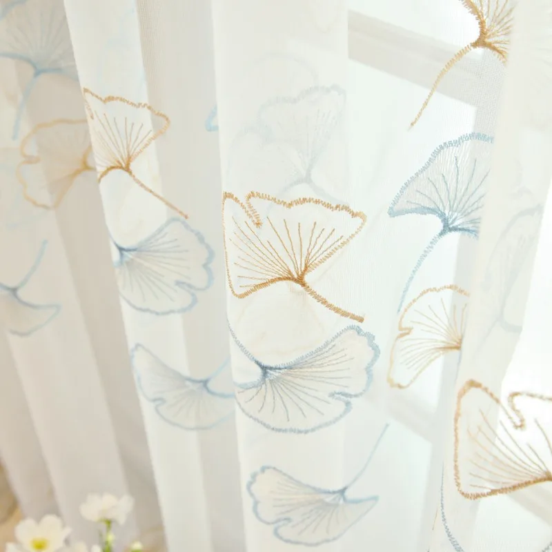 Light Luxury American Translucent Mesh New Ginkgo Embroidered Curtains Living Room Bedroom Balcony Curtains