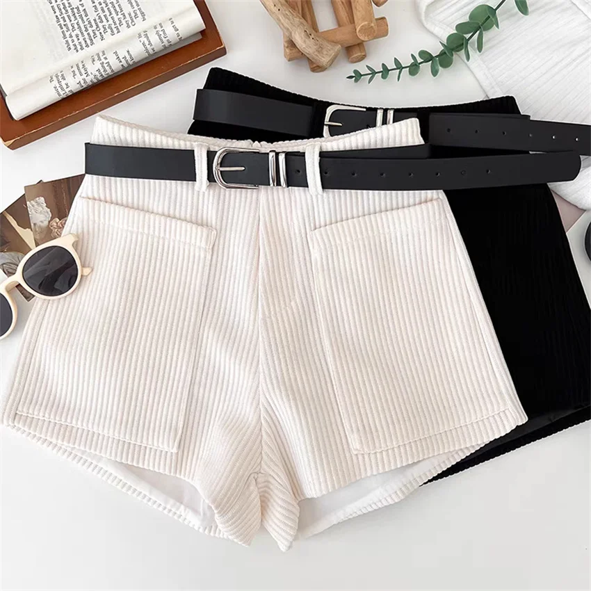 Gowyimmes 2025 Big Size Slim Women Corduroy Shorts Lady High Waist Sahes Wide Leg Shorts Girl Streatwear Hot Bottomings PD1820