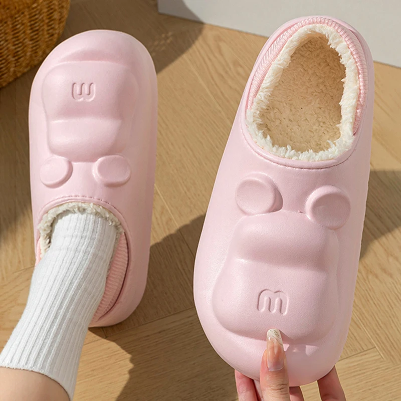 Waterproof Cute Home Slippers Women 2024 Winter Warm Thicken Plush Indoor Cotton Shoes Woman Non Slip Flat Heels House Slides