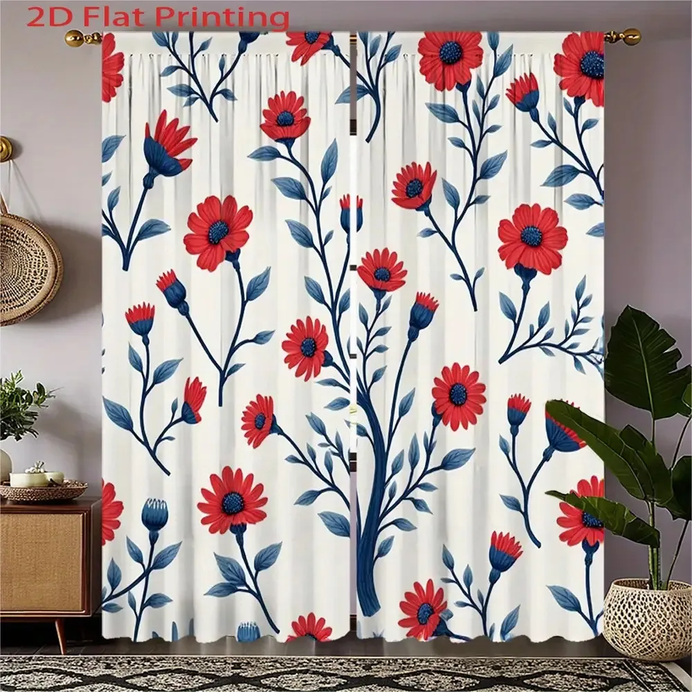2pc Red and blue floral patterned curtains, made of polyester fabric, machine washable, suitable for bedroom living room décor.