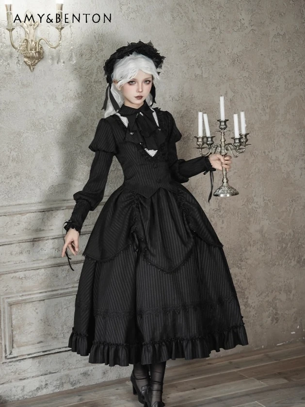 

Gothic Dark Girl Top SK Outfits Autumn Winter Lolita Subculture Punk Style Long Sleeve Shirt High Waist Puff Skirt Two-Piece Set
