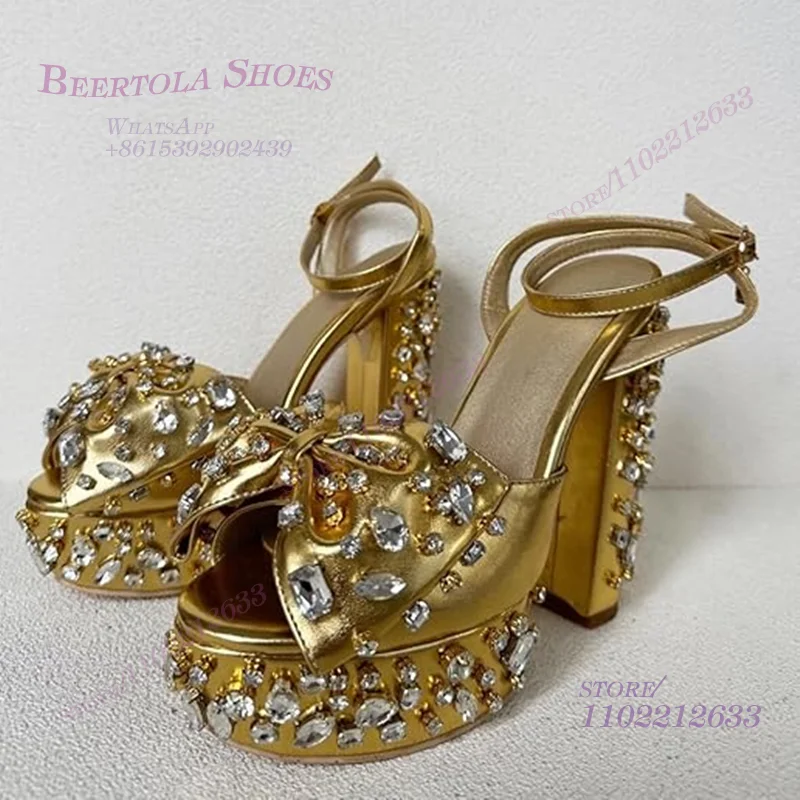 Sandalias de plataforma con diamantes de cristal rosa para niñas lindas, zapatos de fiesta de tacón grueso con hebilla de diamante dorado abierto con lazo para bebé