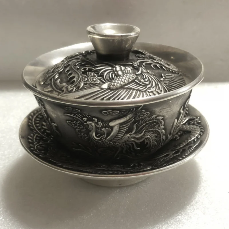 Antique Copper Bowl Three-Piece Set Dragon and Phoenix Tea White Copper Silver-Plated Tea Cup Kowloon Tea Cup Relief Antique Col