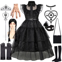 Disfraz de W-Mednesday Addams para niña, vestido de cumpleaños para niño, vestido negro gótico, disfraz de princesa de Halloween para niña