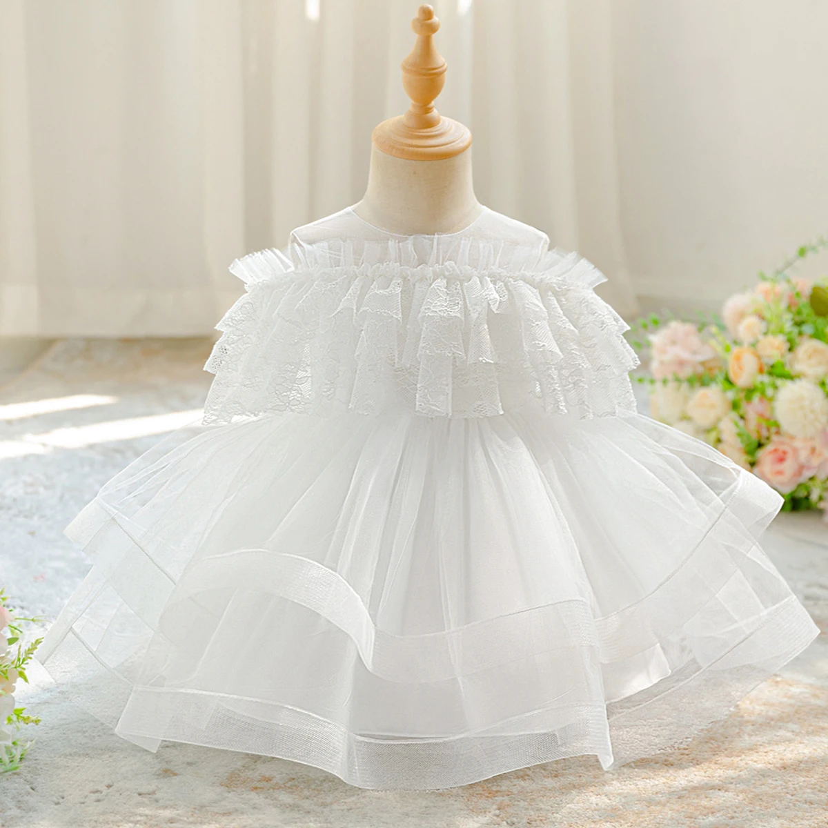 

Elegant Baptism Party Baby Girls Dress Flower Lace 1st Birthday Wedding Princess Dresses White Bridesmaid Tutu Prom Kids Clothes