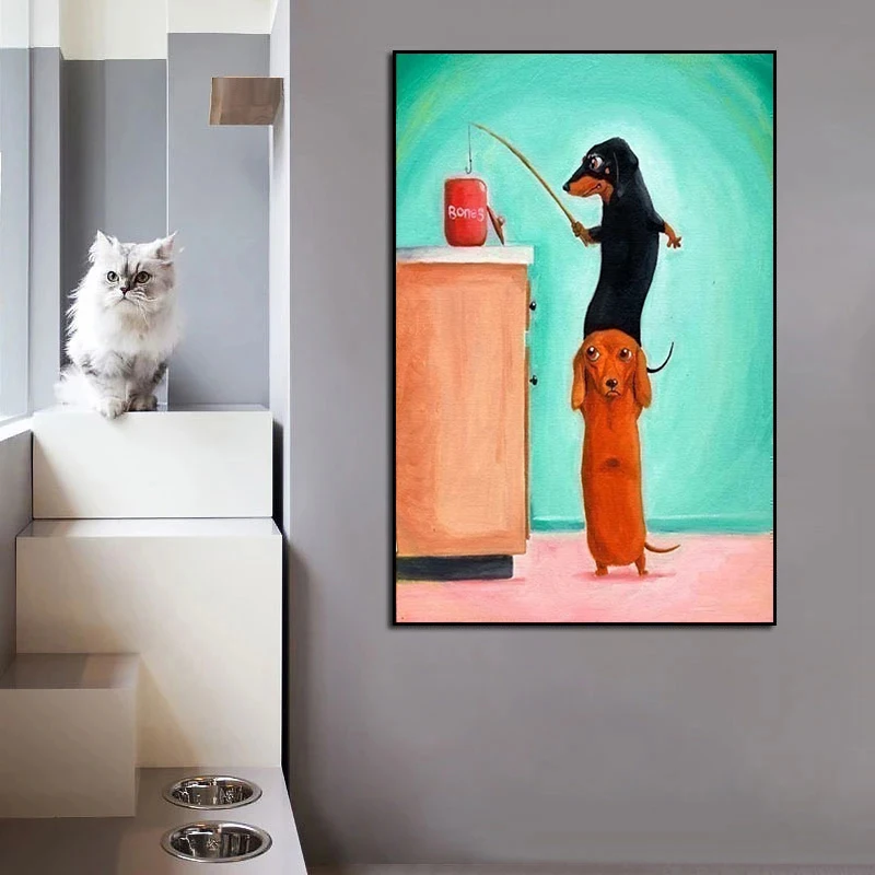 Funny Cartoon Dachshund Dog Poster and Print Kawaii Animal Canvas Painting Wall Art Picture for Kid Bedroom Home Decoration Gift view 3