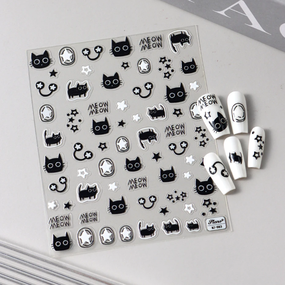 Cute Black Cat Nail Stickers Decals 5D Embossed Kawaii Cat Flowers Star Nail Art Decoration Cute Cartoon Sliders Summer Manicure images - 6