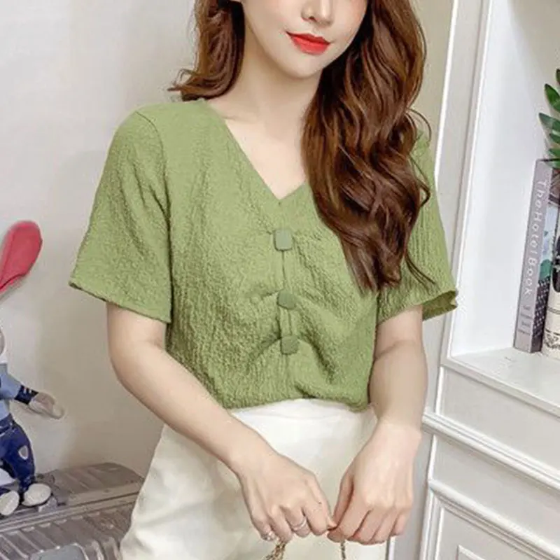 Women\'s Summer Fashion Simplicity Solid Color V-neck Short Sleeve Shirts Women Clothes Office Lady All-match Casual Loose Tops