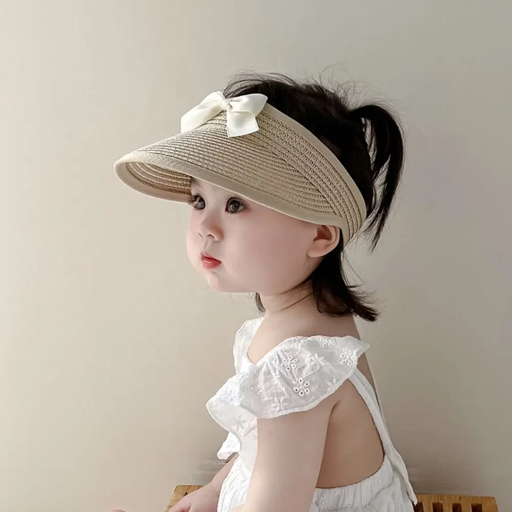 

Fashion Korean Baby Straw Caps Empty Top Anti-UV Bow Straw Hat Wide Brim Sun Protection Visor Cap Beach