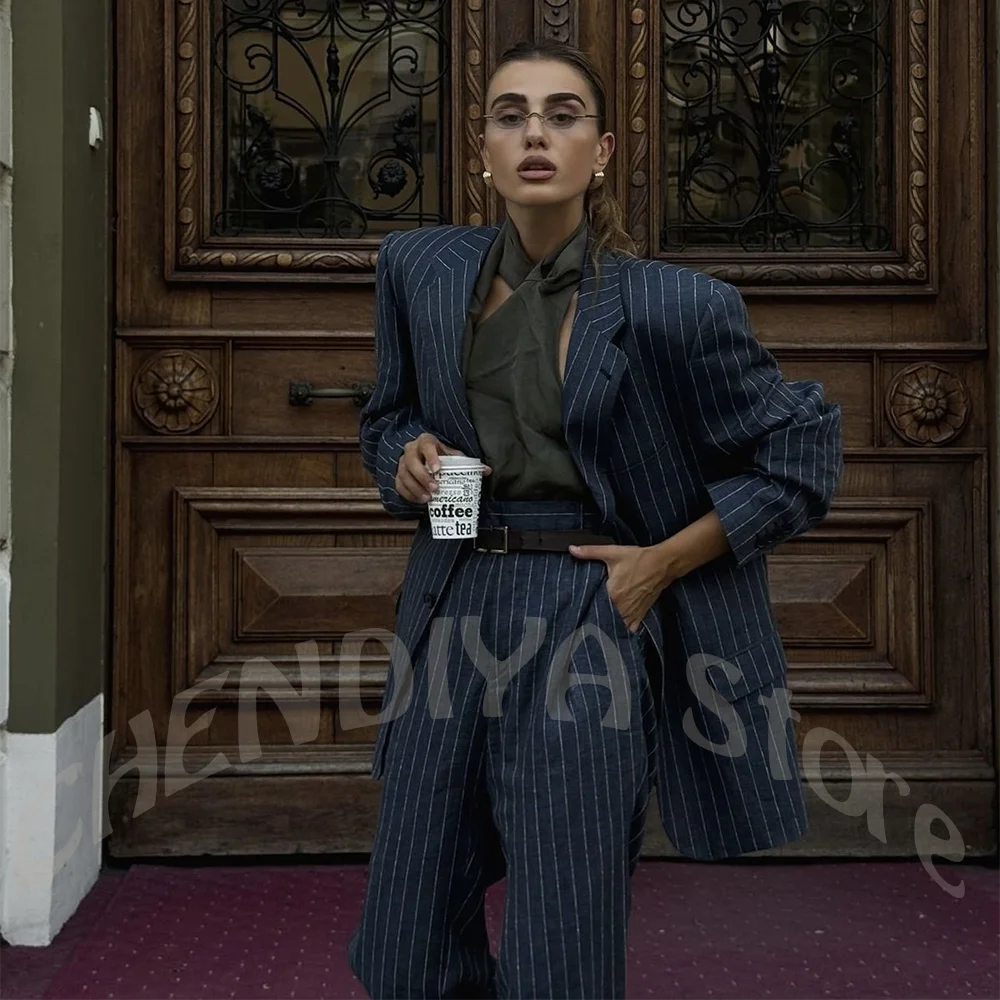 Retro Striped Suit Women Oversized Loose Blazer Notch Lapel Single Breasted Simple Chic Office Lady Casual Two Piece Outfit