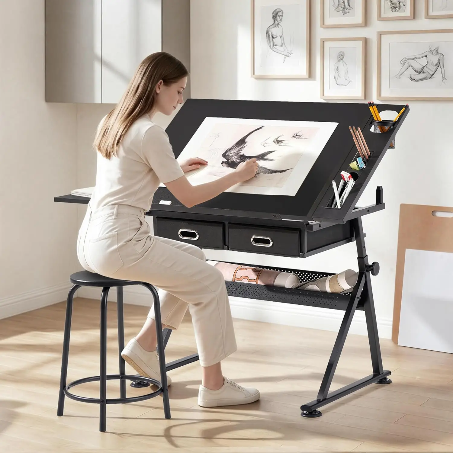 Drafting Table Drawing Desk For Artists, Height Adjustable Craft Workstation, Tiltable Tabletop Art Hobby Station With Extendable Side Board And Drawers, Modern Style, Black