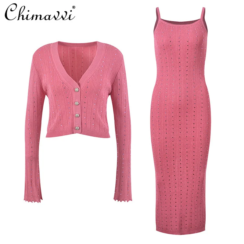 

Spring and Autumn New Fashion Hot Diamond V-Neck Long Sleeve Knitted Top Sexy Ladies Slim Elastic Suspender Dress Two-piece Set