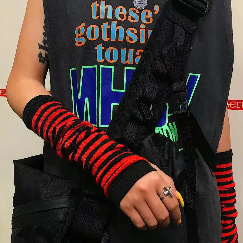 Long Fingerless Gloves Punk EMO Style Warmer Knitted Y2K Arm Warmers Streetwear Striped Elbow Gloves Elbow Mitten Christmas Gift