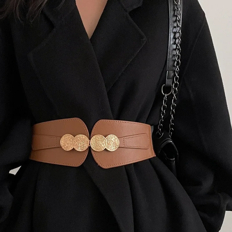 ZLY 2024 New Fashion Waistband Women Luxury PU Leather Material Round Golden Metal Buckle Decoration Dress Coat Belt Waist Band