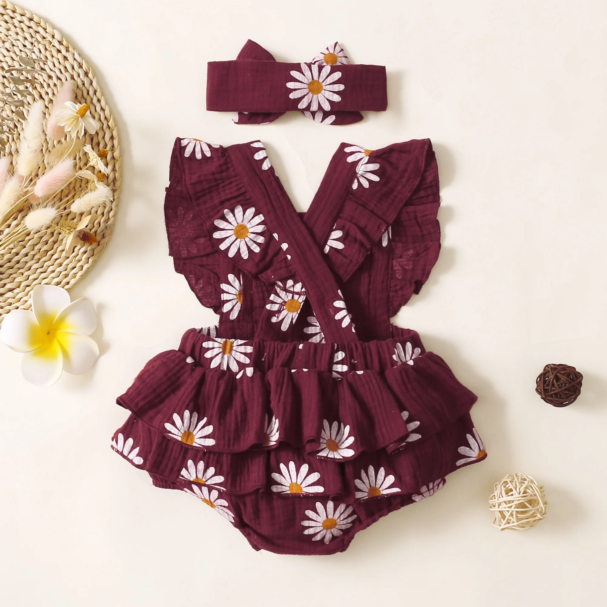 Summer Newborn Infant 0-18Month Baby Girls Romper Sunflower Print Sleeveless Cute Kids Onepiece Jumpsuit