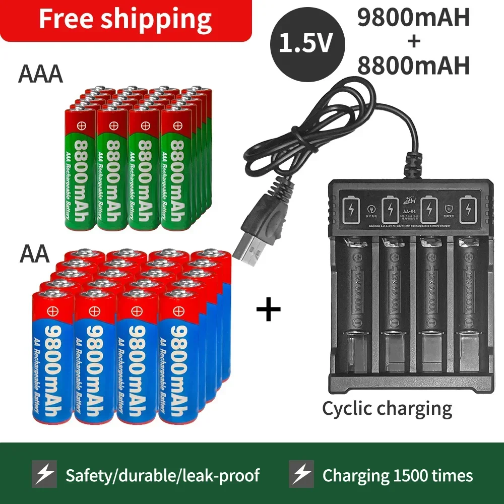 NEW 1.5V AA9800mAh+AAA8800mAh+USBcharger 1.5V, Rechargeable Nickel Hydrogen Battery, Used for Electronic Toys, Camera Batteries