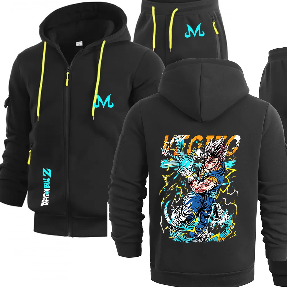 Conjunto de fato de treino com estampa de Vegito de Dragon Ball Z para homem, composto por duas peças: camisola com capuz e fecho e calças de fato de 