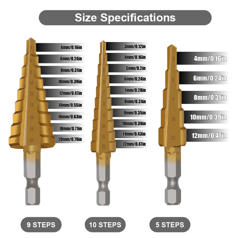 Pagoda Step Drill Set 3-12/4-12/4-20 Hexagonal Straight Groove Center Punch Hole Saw Drill Woodworking DIY Tools 3/6/8mm