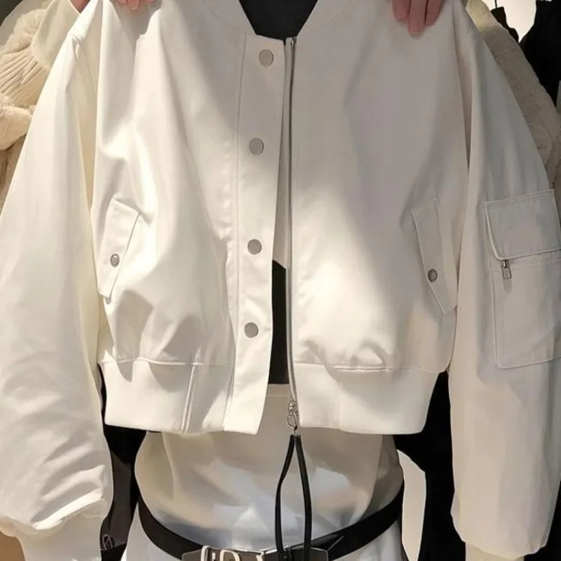 Casual Lazy Street Style White Short Jacket For Women 2026 Spring Autumn New Fashion Loose Zipper Coat Lined Baseball Outwear view 3