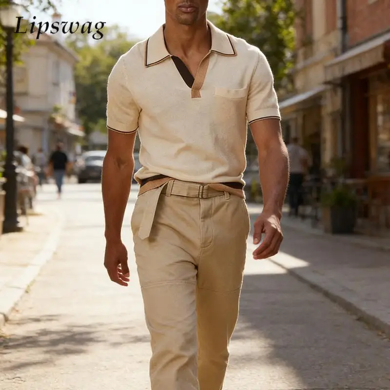 

Винтажные вязаные рубашки-поло контрастных цветов для мужчин, повседневные приталенные топы с коротким рукавом, стильные летние вязаные пуловеры с пэчворком