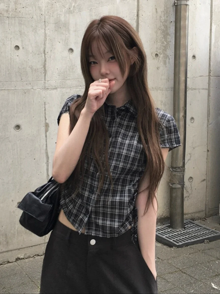 الشارع Sle الكورية فضفاضة عارضة منقوشة ort Sve irt المرأة تخفيف الرياح Dstring الجزء العلوي من الجسم ملابس الصيف ارتداء