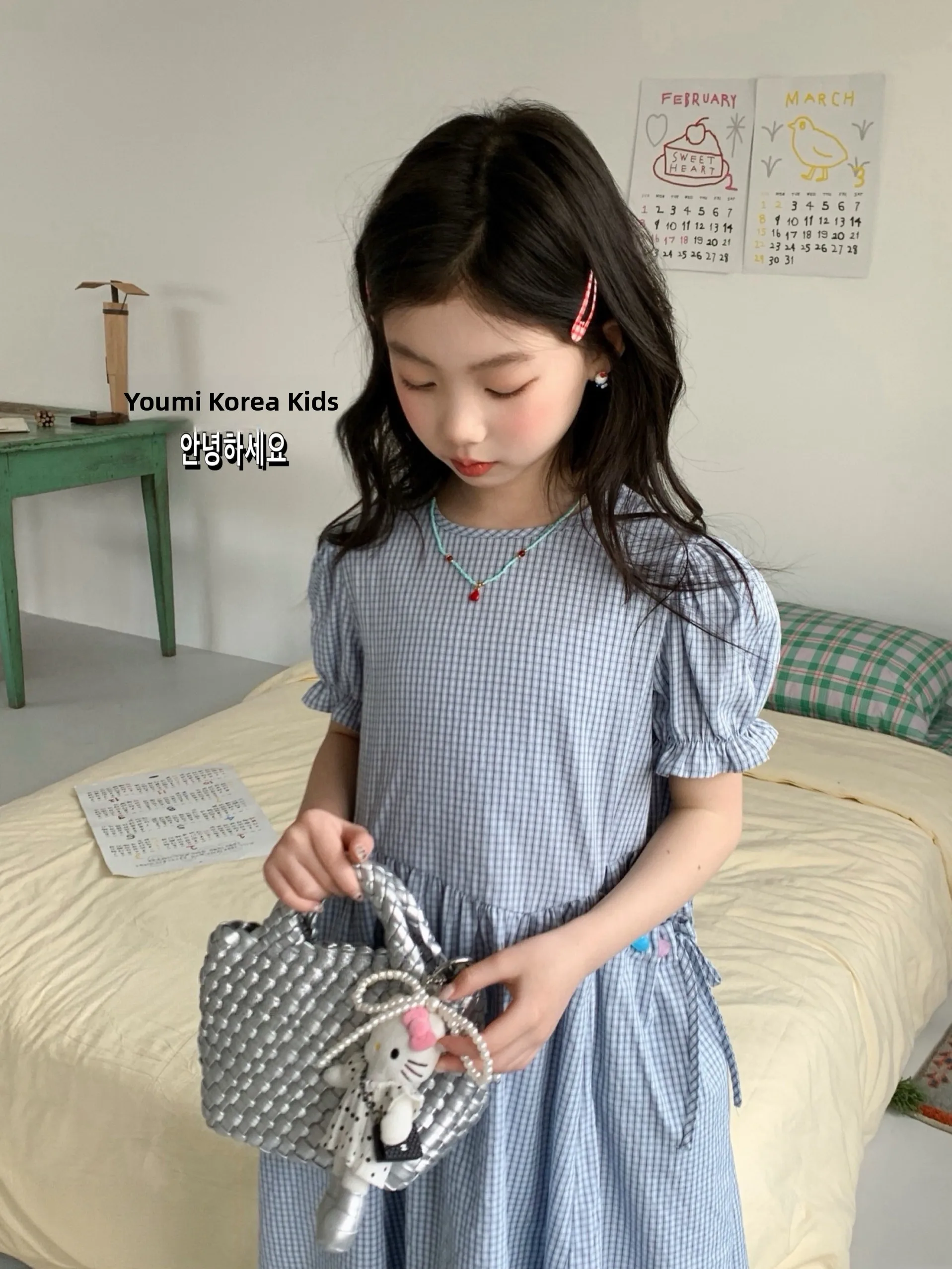 princess-style-plaid-summer-dress-children's-clothing-girls'-midi-skirt-fashionable-korean-version-breathable-soft-fabric