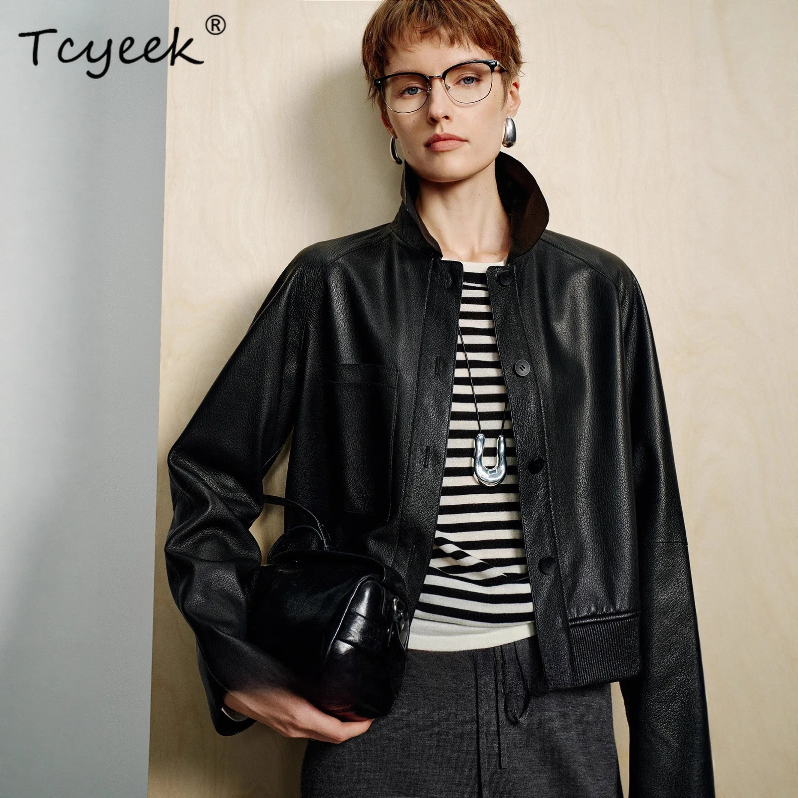 Tcyeek Real Leather Jacket Women Clothing Black Sheepskin Motocycle Coat Short Spring Autumn Women Coats Lychee Grain Дубленка